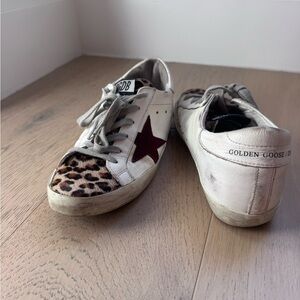 Golden Goose White Sneakers with Red Star and Leopard Print
